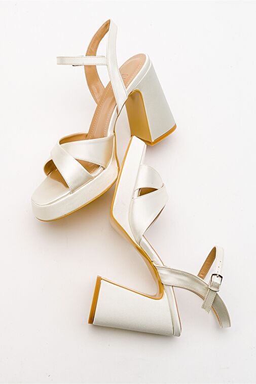 LELLO Ekru Bej Saten Kadın Platform Topuklu Ayakkabı - Görsel 6