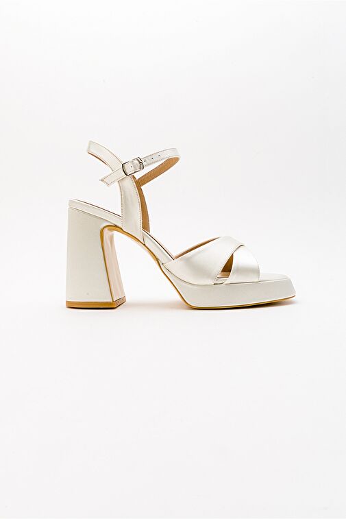 LELLO Ekru Bej Saten Kadın Platform Topuklu Ayakkabı - Görsel 7