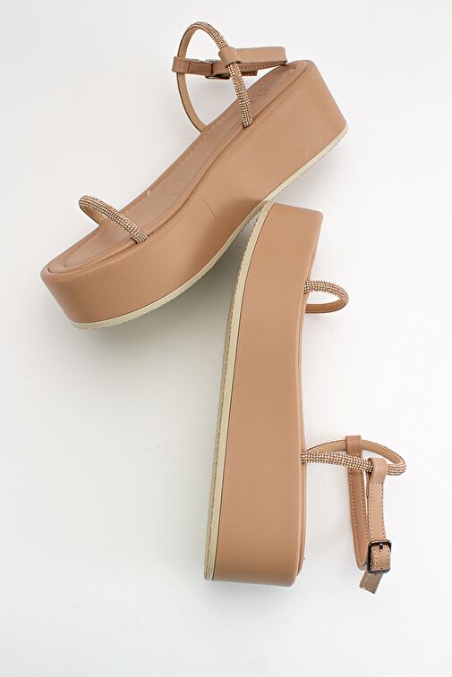 EKOS Bej Taşlı Kadın Kalın Taban Sandalet - Görsel 3