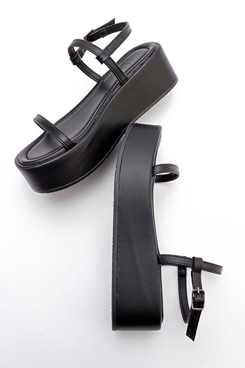 LİNA Siyah Kadın Kalın Taban Sandalet - Görsel 4