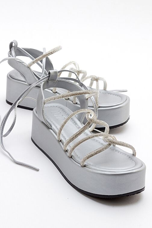 TİTAN Gri Taşlı Kadın Bilekten Bağlamalı Kalın Taban Sandalet - Görsel 2