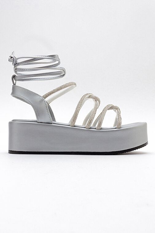 TİTAN Gri Taşlı Kadın Bilekten Bağlamalı Kalın Taban Sandalet - Görsel 7