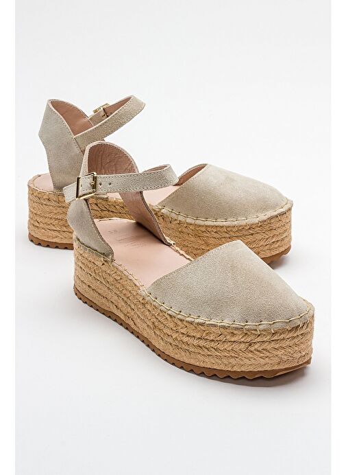 VİBA Bej Süet Hakiki Deri Kadın Hasır Dolgu Taban Sandalet - Görsel 2
