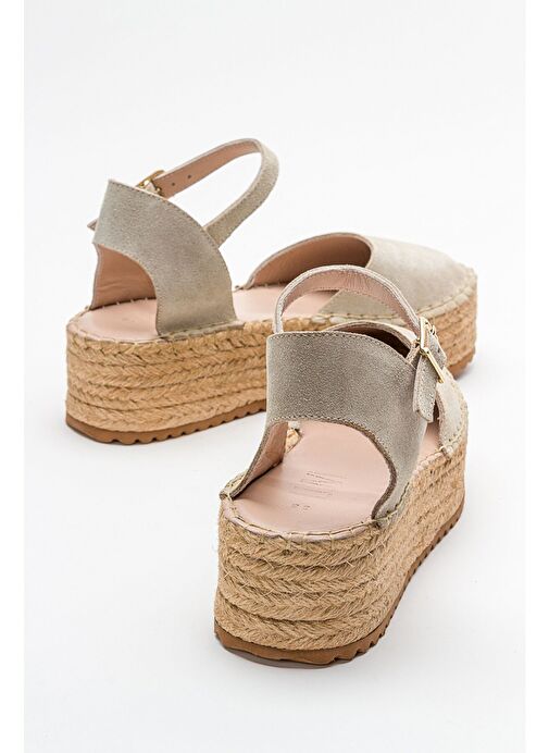 VİBA Bej Süet Hakiki Deri Kadın Hasır Dolgu Taban Sandalet - Görsel 4