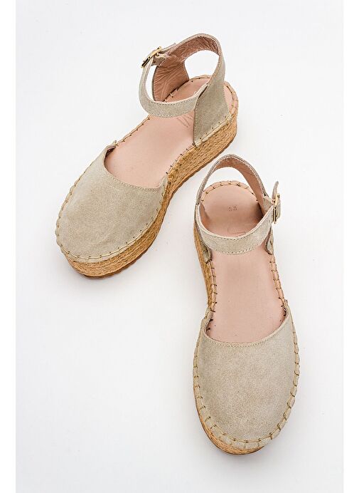 VİBA Bej Süet Hakiki Deri Kadın Hasır Dolgu Taban Sandalet - Görsel 5