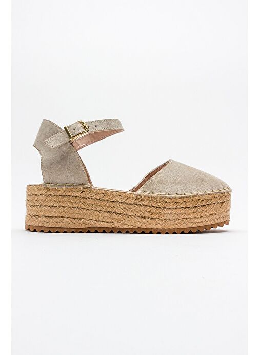 VİBA Bej Süet Hakiki Deri Kadın Hasır Dolgu Taban Sandalet - Görsel 7