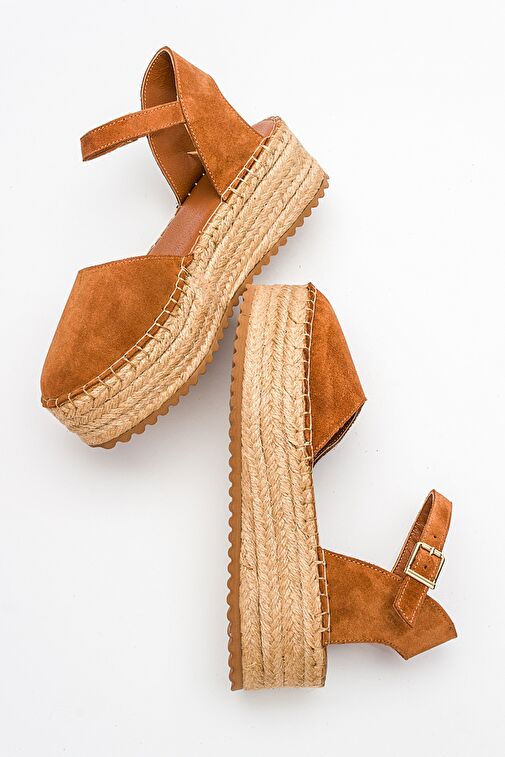 VİBA Taba Süet Hakiki Deri Kadın Hasır Dolgu Taban Sandalet - Görsel 3