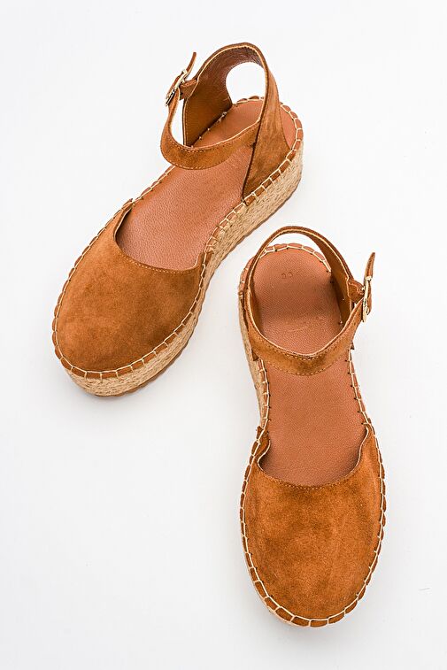 VİBA Taba Süet Hakiki Deri Kadın Hasır Dolgu Taban Sandalet - Görsel 4
