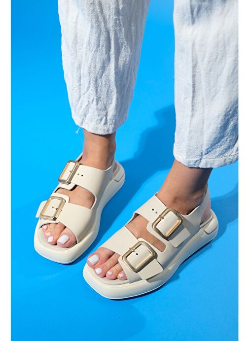 FURİS Bej Cilt Hakiki Deri Kadın Sandalet - Görsel 2