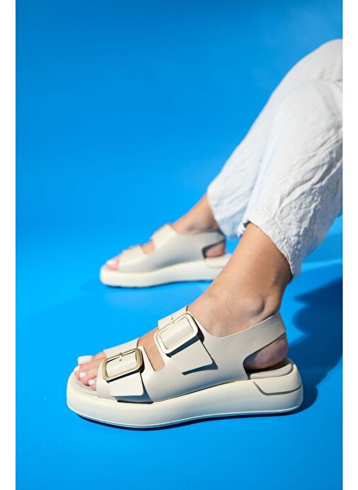 FURİS Bej Cilt Hakiki Deri Kadın Sandalet - Görsel 3