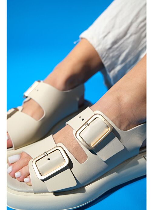 FURİS Bej Cilt Hakiki Deri Kadın Sandalet - Görsel 4