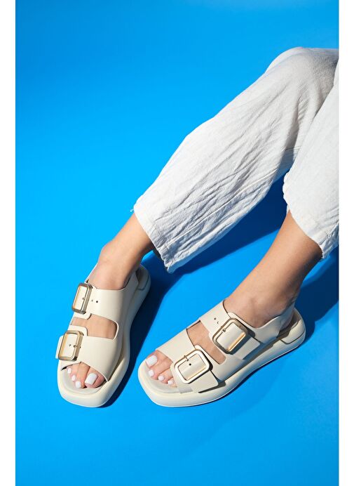 FURİS Bej Cilt Hakiki Deri Kadın Sandalet - Görsel 5