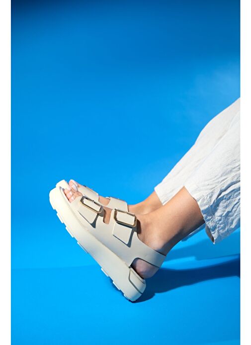 FURİS Bej Cilt Hakiki Deri Kadın Sandalet - Görsel 6