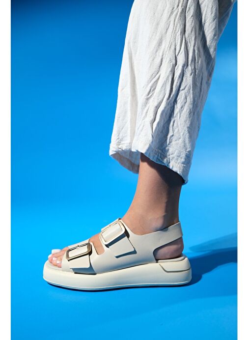 FURİS Bej Cilt Hakiki Deri Kadın Sandalet - Görsel 7