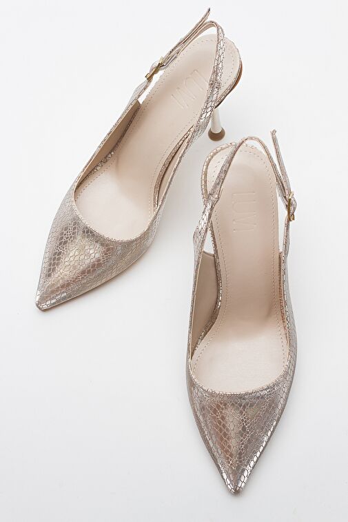 ORFO Altın Desenli Kadın Yüksek Topuklu Ayakkabı - Görsel 4