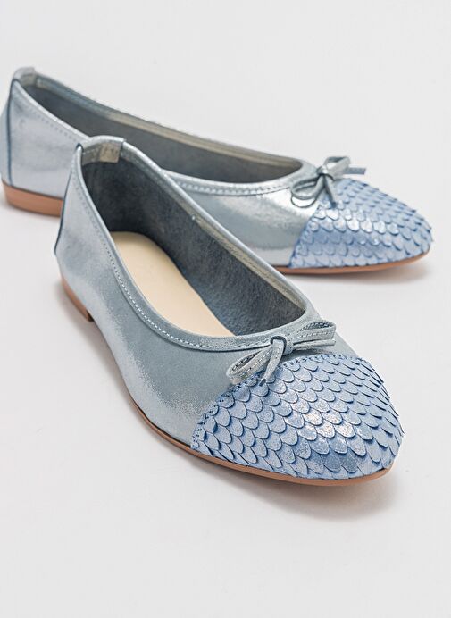 02 Mavi Simli Hakiki Deri Kadın Babet Ayakkabı - Görsel 2