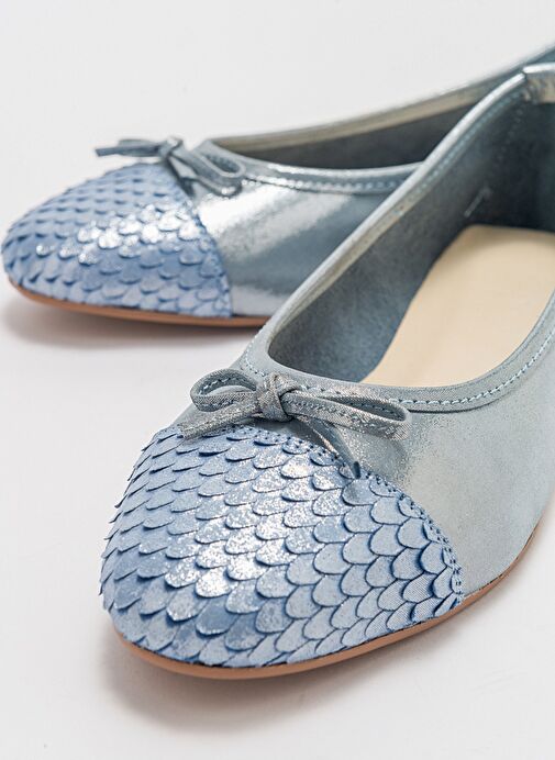 02 Mavi Simli Hakiki Deri Kadın Babet Ayakkabı - Görsel 3