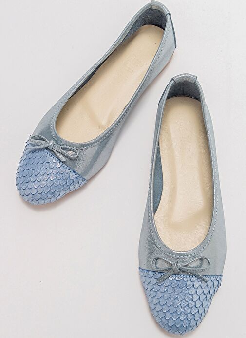 02 Mavi Simli Hakiki Deri Kadın Babet Ayakkabı - Görsel 4