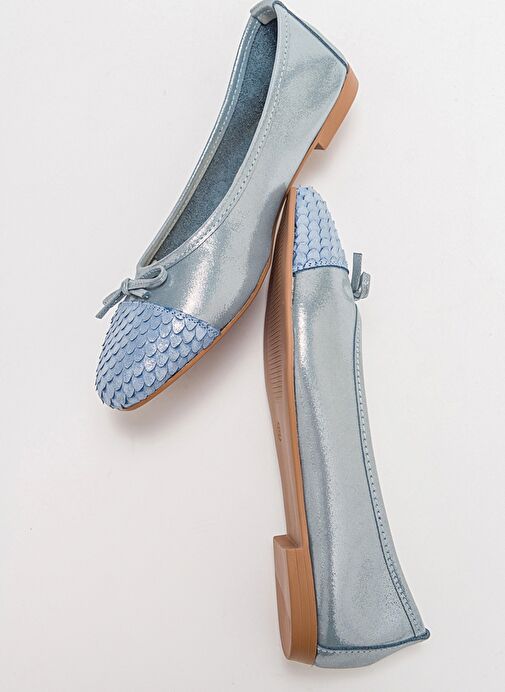 02 Mavi Simli Hakiki Deri Kadın Babet Ayakkabı - Görsel 6