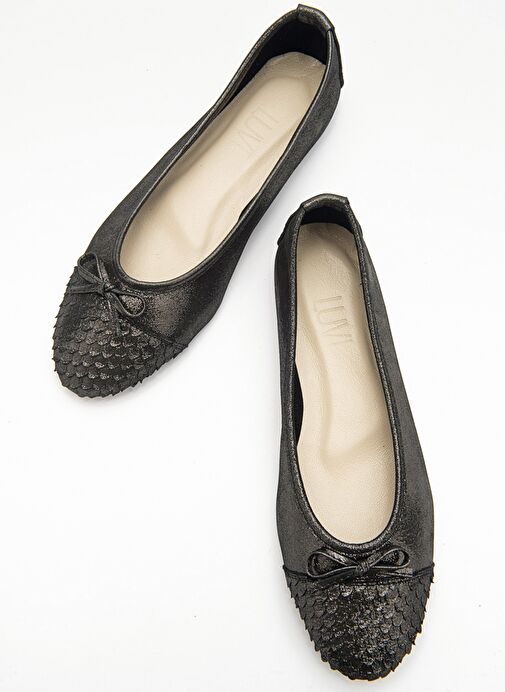 02 Siyah Siyah Simli Hakiki Deri Kadın Babet Ayakkabı - Görsel 3