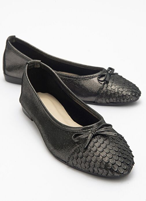 02 Siyah Siyah Simli Hakiki Deri Kadın Babet Ayakkabı - Görsel 2