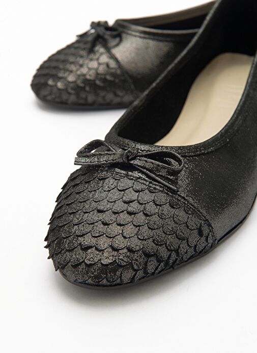 02 Siyah Siyah Simli Hakiki Deri Kadın Babet Ayakkabı - Görsel 6