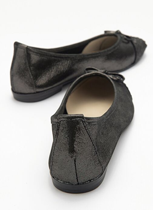 02 Siyah Siyah Simli Hakiki Deri Kadın Babet Ayakkabı - Görsel 5