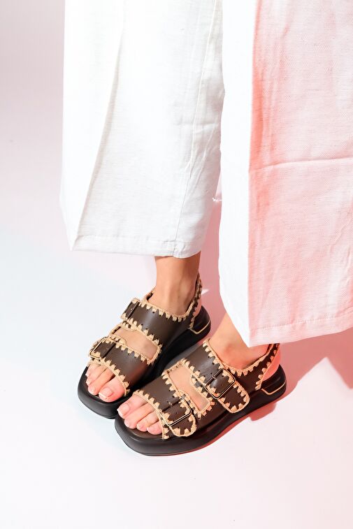 DOURO Kahve Cilt Hakiki Deri İp Örme Detaylı Kadın Sandalet - Görsel 3