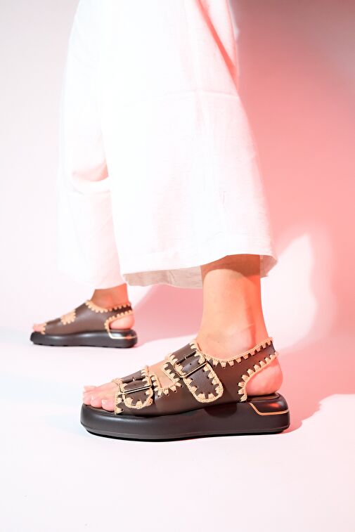 DOURO Kahve Cilt Hakiki Deri İp Örme Detaylı Kadın Sandalet - Görsel 4