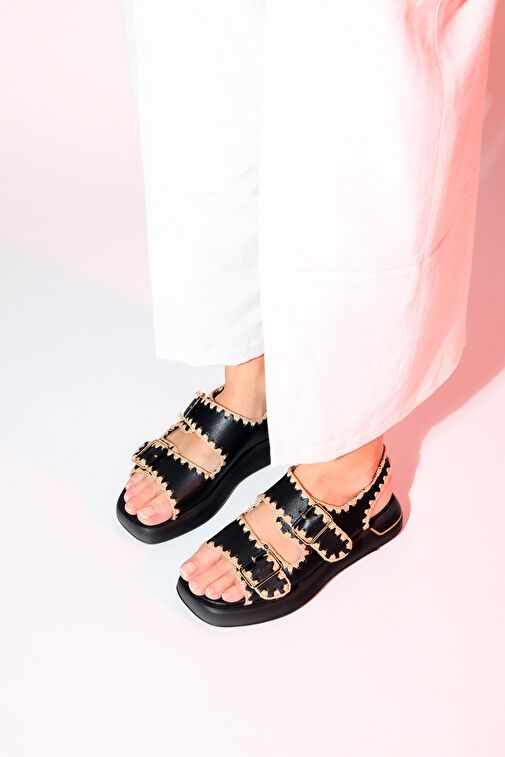 DOURO Siyah Cilt Hakiki Deri İp Örme Detaylı Kadın Sandalet - Görsel 4