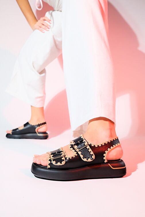 DOURO Siyah Cilt Hakiki Deri İp Örme Detaylı Kadın Sandalet - Görsel 5