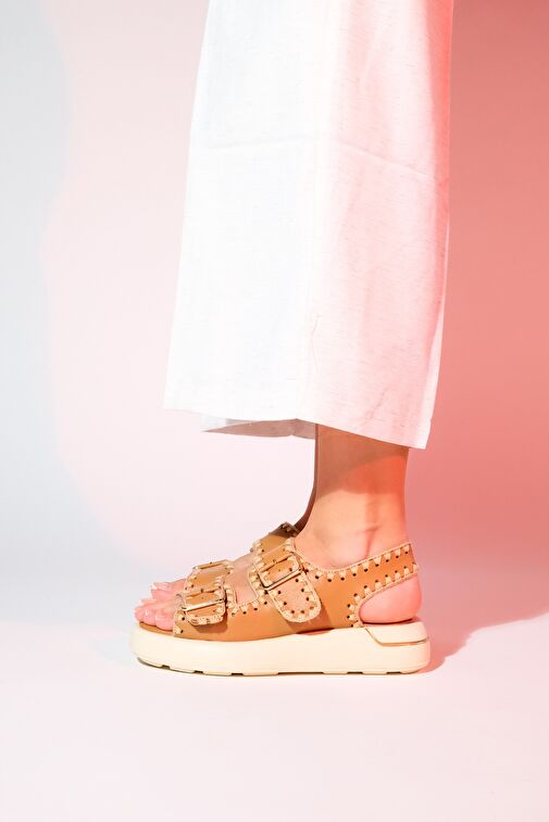 DOURO Taba Cilt Hakiki Deri İp Örme Detaylı Kadın Sandalet - Görsel 3