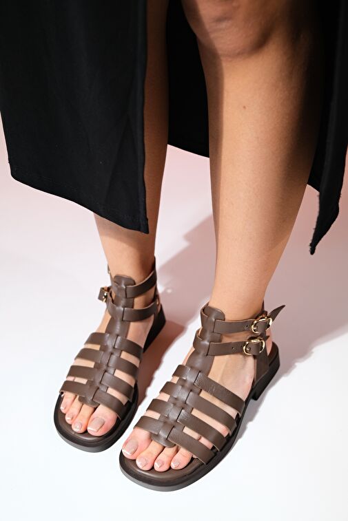 FRADE Kahve Hakiki Deri Kadın Sandalet - Görsel 2