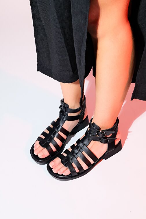 FRADE Siyah Hakiki Deri Kadın Sandalet - Görsel 3