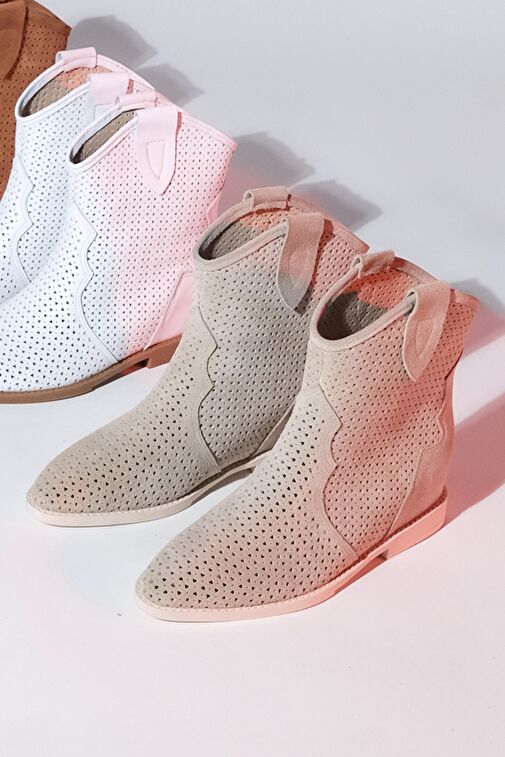 LOİVOS Bej Süet Hakiki Deri Delikli Kadın Gizli Topuk Yazlık Bot - Görsel 6