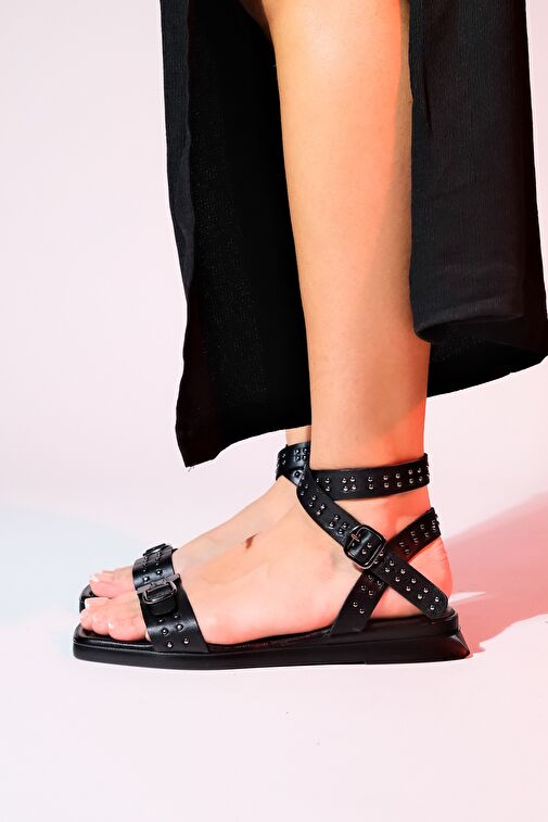 CARRİL Siyah Hakiki Deri Troklu Kadın Sandalet - Görsel 4