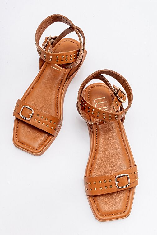 CARRİL Taba Hakiki Deri Troklu Kadın Sandalet - Görsel 3