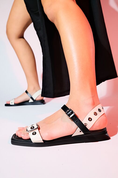 Luvi Shoes Siyah-Bej Kadın Deri Sandalet 44-354 - Görsel 7