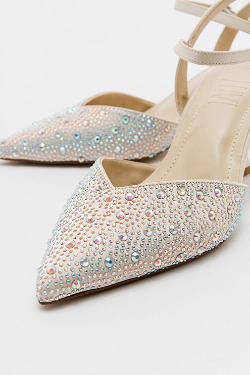 VİLKA Ekru Saten Taşlı Kadın Sivri Burun İnce Topuklu Abiye Ayakkabı - Görsel 4
