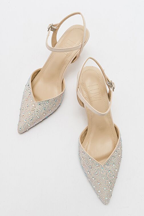 VİLKA Ekru Saten Taşlı Kadın Sivri Burun İnce Topuklu Abiye Ayakkabı - Görsel 5