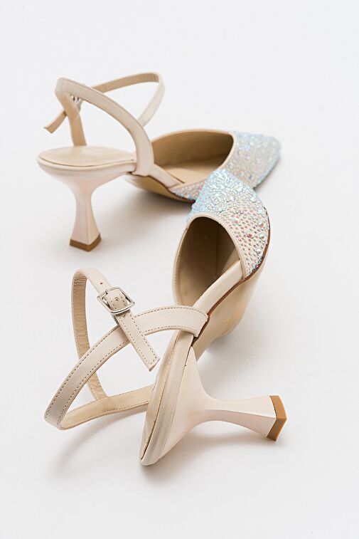 VİLKA Ekru Saten Taşlı Kadın Sivri Burun İnce Topuklu Abiye Ayakkabı - Görsel 7