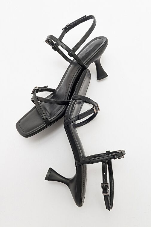 NEBEL Siyah Cilt Kadın Topuklu Sandalet - Görsel 5