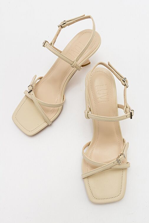NEBEL Ekru Cilt Kadın Topuklu Sandalet - Görsel 3