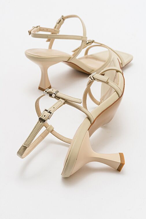 NEBEL Ekru Cilt Kadın Topuklu Sandalet - Görsel 4