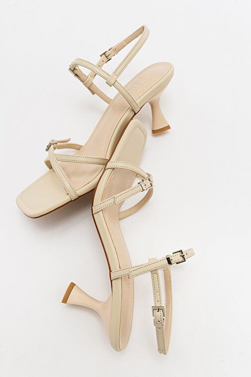 NEBEL Ekru Cilt Kadın Topuklu Sandalet - Görsel 5