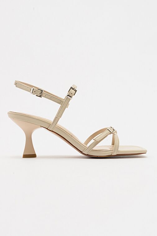 NEBEL Ekru Cilt Kadın Topuklu Sandalet - Görsel 7