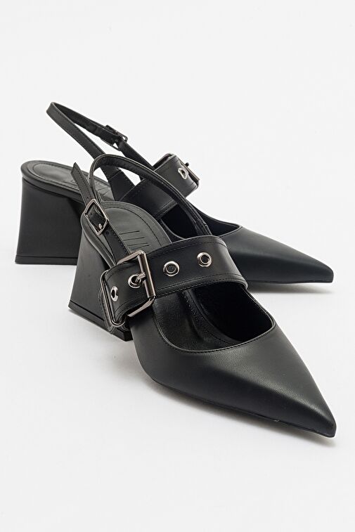 NEPİDO Siyah Cilt Kadın Sivri Burun Arkası Açık Kalın Topuklu Ayakkabı - Görsel 2