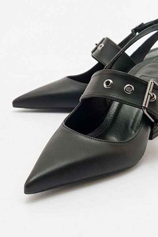 NEPİDO Siyah Cilt Kadın Sivri Burun Arkası Açık Kalın Topuklu Ayakkabı - Görsel 3