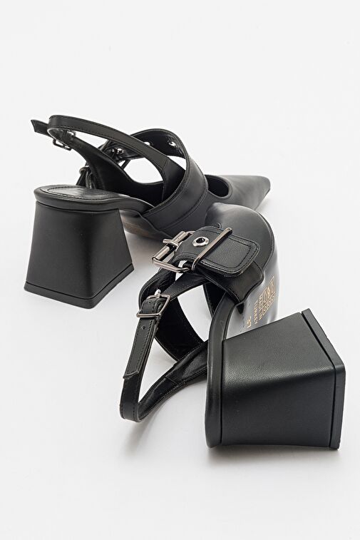 NEPİDO Siyah Cilt Kadın Sivri Burun Arkası Açık Kalın Topuklu Ayakkabı - Görsel 4