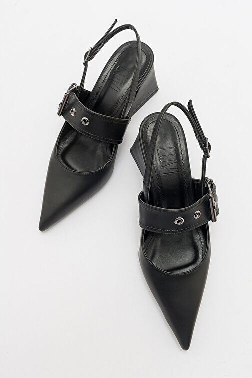 NEPİDO Siyah Cilt Kadın Sivri Burun Arkası Açık Kalın Topuklu Ayakkabı - Görsel 5